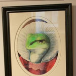 「気だるいお妃カエル」　（カエル展用にカエルの肖像がというテーマで描いた一枚です。古典絵画を勉強し直そうと思わされました。）