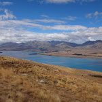 Der blaue Lake Tekapo mit Blick auf die McKenzie Ebene