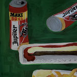 stilleven met frikandel en bier / olie / acryl / doek / 45x35 / 2025