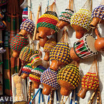 Traditional african beat and shake music instruments like Shekere or bongos in a souvenir shop in Salvador da Bahia