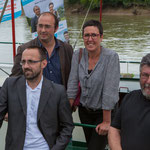 Photo pour la presse, Christophe Miqueu, Nathalie Chollon-Dulong, Vincent Joineau, Michel Hiaire. Péniche insoumise de la 12ème circonscription de Gironde. 7 juin 2017, Cadillac.