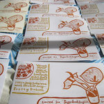 Sugarfrost print factory - printed in kitchen, drying on bed!