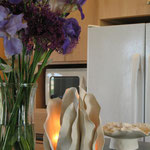 Landscape Lantern and Clay Corsage on kitchen counter