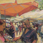 'Street Market, Chania'. Oil on panel, 9" x 12"