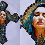 Milagros II Madonna  © 2019 Dimensions: 22" h x 17" w x 3/8" thick.  Brassl, 14kt and Acrylic on Wood. Black velvet backing,  Private Collector
