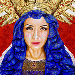 Madonna  del Magnificat "The Madonna of the Magnificat" © 2020,  Dimensions: 18" w x 24" h, Acrylic and Swarovski crystals on Wood, Private Collector