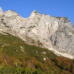 Vom Hochkamp über die verfallene Grubenalm kommend muss man sich den besten Weg durch die Latschen suchen. Am finalen Geröllfeld steigt man am besten auf der linken (Wand-)Seite auf.