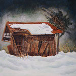 Snow and hut,  pigments on Japanese paper, 53×65.2cm, 2023