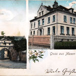 Alte Postkarte mit Ansicht der Maxener Kirche und der neuen Schule