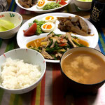 7月28日日曜日、Ohana夕食「青椒肉絲、ごぼうと豚肉の時雨煮、ブロッコリとゆで卵のサラダ、しじみ汁、ご飯、メロン」