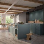 Cuisine verte et bois. Plans de travail en pierre. Cuisine avec ilot central. Cuisine ouverte. Cuisine tendance 2024. Cuisine avec poignée. Cuisine moderne et tendance 2023. Cuisine haut de gamme. Cuisin Design Toulouse