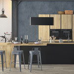 Cuisine en bois et laque noire. Plans de travail en bois. Cuisine avec ilot central. Cuisine ouverte. Cuisine tendance. Cuisine sans poignée. Cuisine moderne et tendance 2024. Cuisine haut de gamme. Cuisin Design Toulouse