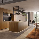 Cuisine en bois. Plans de travail en pierre noire. Cuisine avec ilot central. Cuisine ouverte. Cuisine tendance 2024. Cuisine sans poignée. Cuisine moderne et tendance 2023. Cuisine haut de gamme. Cuisin Design Toulouse