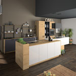 Cuisine en bois et laque anthracite et blanche. Plans de travail en bois. Cuisine avec ilot central. Cuisine ouverte. Cuisine tendance. Cuisine avec et s poignée. Cuisine moderne et tendance 2024. Cuisine haut de gamme. Cuisin Design Toulouse