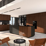 Cuisine en laque noire et bois. Plans de travail en pierre noire. Cuisine avec ilot central. Cuisine ouverte. Cuisine tendance. Cuisine sans poignée. Cuisine moderne et tendance 2024. Cuisine haut de gamme. Cuisin Design Toulouse