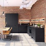 cuisine design et moderne ouverte , cuisine Noire en bois sur mur de briquette rose