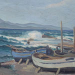 HP118 "Barques sur la plage", huile sur bois 33 x 41 cm