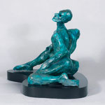 "Blue Seated Figure" - clay with paint and wax patina, custom base
