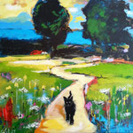 Katze auf dem Weg, 100 x 100 cm