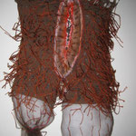 From the series "Lingerie".  Worn undergarment, fabric, yarn, acrylic paint, polyester fiber.
