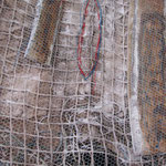 From the series "Lingerie" (detail).  Worn undergarment, fabric, hair, thread, acrylic paint. 36" X 12".
