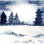 Wald im Winter , nur Indigoblau  Aquarellmalerei A5 66,- Euro