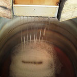 Het sap loopt uit de pers. Het wordt opgevangen en op de tweede stookdag in de ketel gekookt.