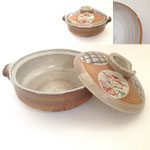 土鍋123　茶系4丸柄　外寸330×165H 　内寸265×95H 　￥3,000＊チップあります＊