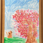 4年生「ねこと桜」桜の花びらを描くのを工夫しました。