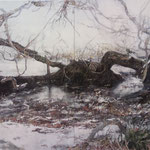 『軌跡−水の森ー』226.2×135㎝　画布に岩絵具、墨　2011年