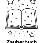 Schwarz-weiß Illustration eines offenen Zauberbuchs mit funkelnden Sternen und magischen Symbolen. Darunter steht der Schriftzug „Zauberbuch“. Kindgerechtes Ausmalmotiv.