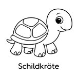 Schwarz-weiß Illustration einer niedlichen Schildkröte mit rundem Panzer und großem Auge. Darunter steht der Schriftzug „Schildkröte“. Kindgerechtes Ausmalmotiv.