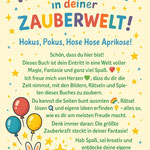Bunte Willkommensseite mit der Überschrift „Willkommen in deiner Zauberwelt!“. Fröhlicher Text über Magie, Fantasie und Spaß, umgeben von Sternen, Regenbogen, Ballons und einem Zauberhut mit Häschen. Kindgerechtes, freundliches Design.