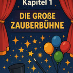 Illustration einer Zauberbühne mit roten Vorhängen, funkelnden Sternen, Zauberhut, Zauberstab und bunten Luftballons. Überschrift: „Kapitel 1 – Die große Zauberbühne“. Kindgerechtes, festliches Design.
