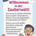 Einleitungsseite des Zaubermalbuchs für Kinder von 3–6 Jahren mit der Überschrift ›Willkommen in der Zauberwelt‹, bunten magischen Symbolen und einer freundlichen Figur, die zum Ausmalen einlädt.
