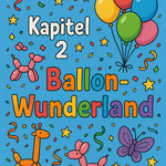 Bunte Illustration mit der Überschrift „Kapitel 2 – Ballon-Wunderland“. Zu sehen sind Luftballons, Ballontiere, Sterne und Konfetti in fröhlichen Farben. Kindgerechtes, verspieltes Design.