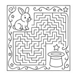 Schwarz-weiß Labyrinth-Rätsel mit einem Kaninchen auf der linken Seite und einem Zauberhut auf der rechten Seite. Aufgabe: Den Weg durch das Labyrinth finden und dem Kaninchen zurück in den Hut helfen. Kindgerechtes Rätselmotiv.