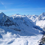 hier von links Vertain (Hängegletscher), Zufallspitze, Cevedale und Königspitze