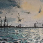 "Möwen am Hafen", Acryl auf Leinwand,  70x100 cm, Pinsel- und Spachteltechnik