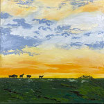 "Deichschafe bei Sonnenuntergang", Öl auf Leinwand, 50x50 cm, Spachtel- und Pinseltechnik