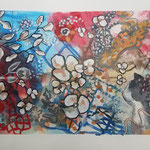 Katze und Blüten, Mischtechniken auf Papier,40x60 cm 