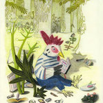 イタリア民話「オオカミとゴシキヒワ」2015 イタリアボローニャ国際絵本原画展入選 Italian Folklore "the Wolf and the Goldfinch" 2015 Bologna Children's Book Fair Illustrators Exhibition selected  Pencil, Colored pencil 
