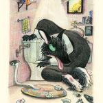 イタリア民話「オオカミとゴシキヒワ」2015年 イタリアボローニャ国際絵本原画展入選 Italian Folklore "the Wolf and the Goldfinch" 2015 Bologna Children's Book Fair Illustrators Exhibition selected  Pencil, Colored pencil 