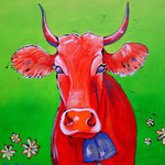 Orange cow - 100 cm x 100 cm - acryl met lak op doek in baklijst