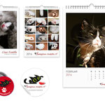 Samtpfoten Neukölln e. V.: Zwei unterschiedliche Kalender (Katzenkinder, äleter Katzen), Anstecker und Aufkleber