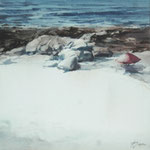 sombrilla en la playa - acuarela sobre papel aherido a tabla - 60X60 cm