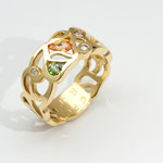 bague or jaune, saphir orange, grenat demantoïde, diamant cognac et blanc