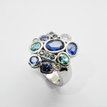 bague or blanc, saphirs, zircons bleus, diamants et alexandrites