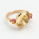 bague or jaune, cabochon citrine , saphirs oranges et roses