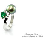 bague or blanc, emeraude poire et perle de tahiti